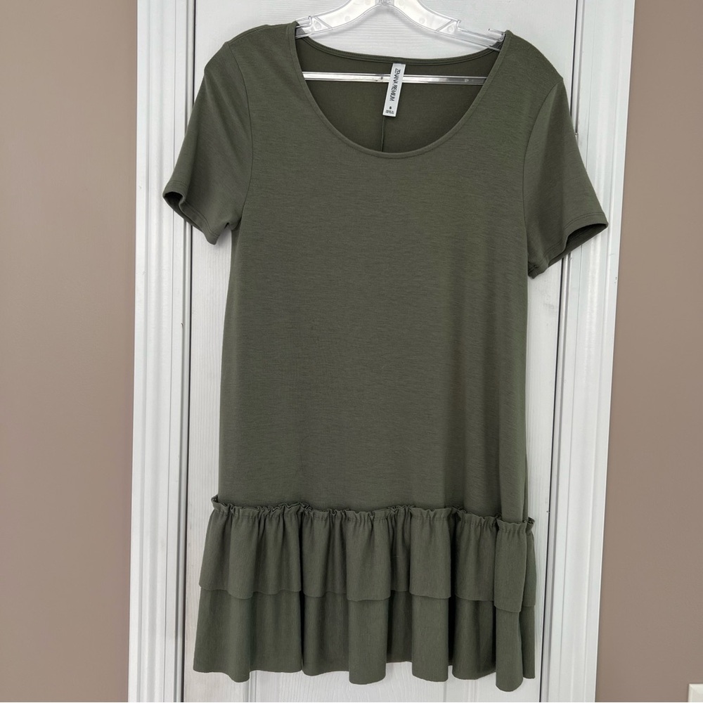 Zenana Premium Short Sleeve Ruffled Hem T-shirt Dress Olive Green Size S
